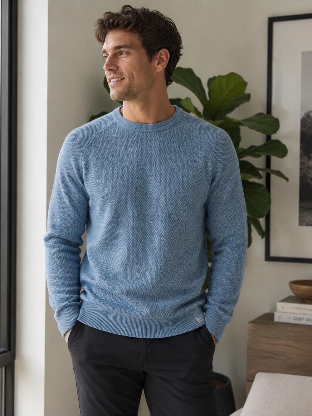 Lululemon Men’s Medium Textured Crewneck Sweater Blue Cotton Blend Pullover